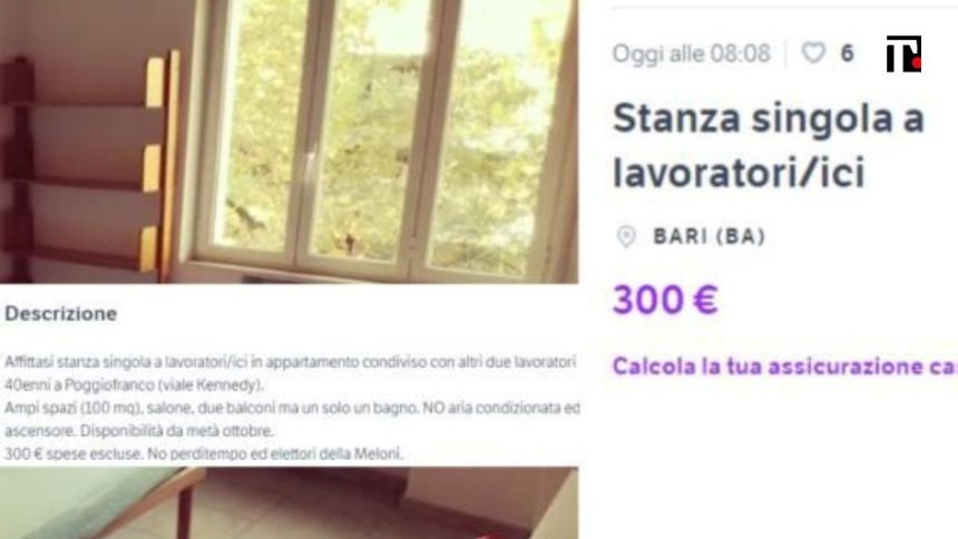 “Non si affitta a elettori della Meloni”: l’annuncio per una stanza a Bari scatena polemiche